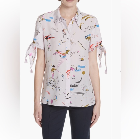 EUC Tory Burch Purple Daydream Tie-Sleeve Silk Short Sleeve Button Down Top 2 - Picture 1 of 13